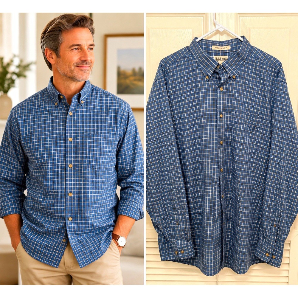 L.L.Bean Kennebunk Shirt Mens XL Blue Windowpane Check Wrinkle Resistant Cotton